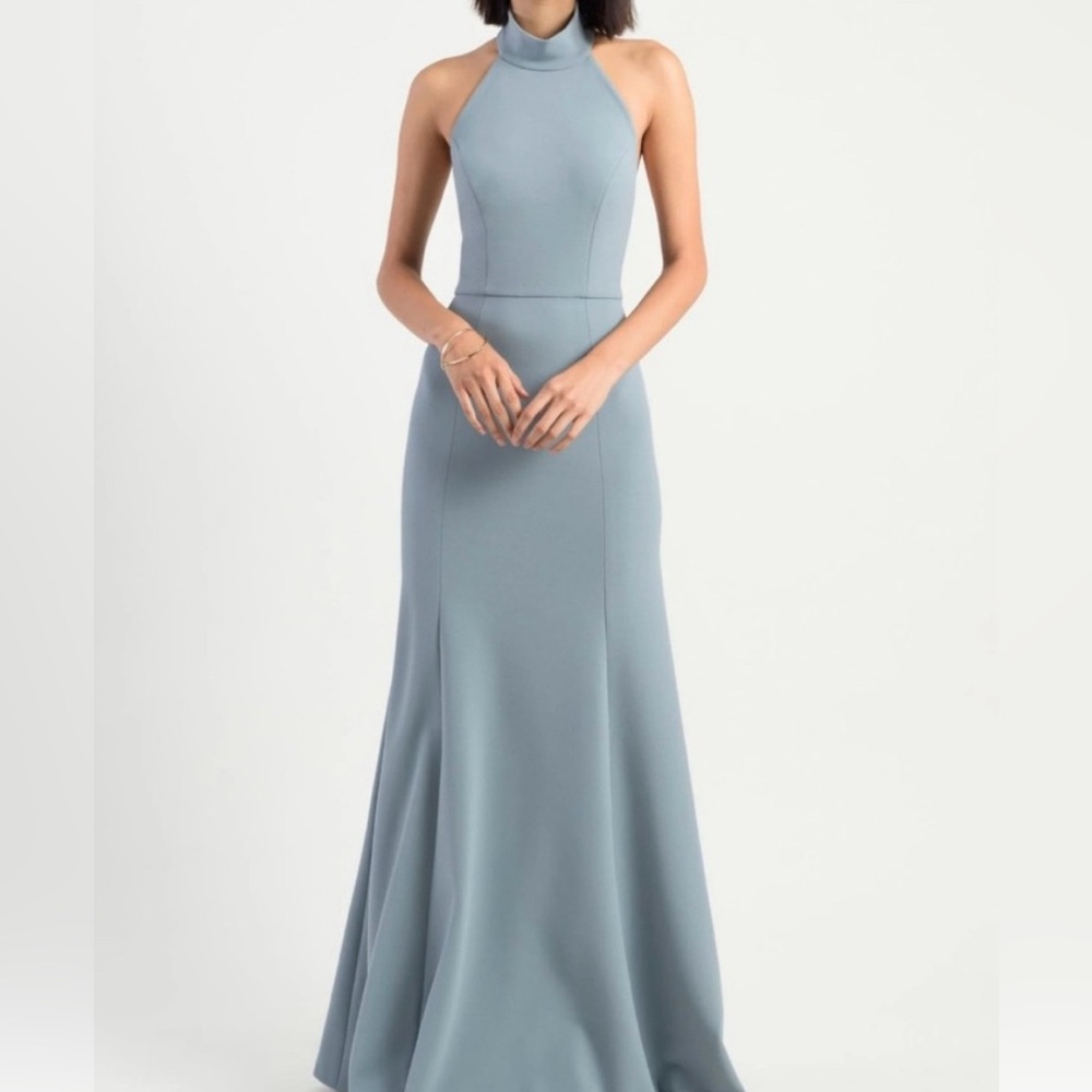 Jenny Yoo Slate Blue High Neck Gown